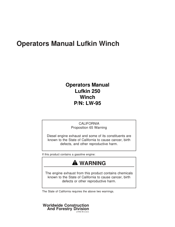 John Deere 250 Winches Operator's Manuals (LW-95)