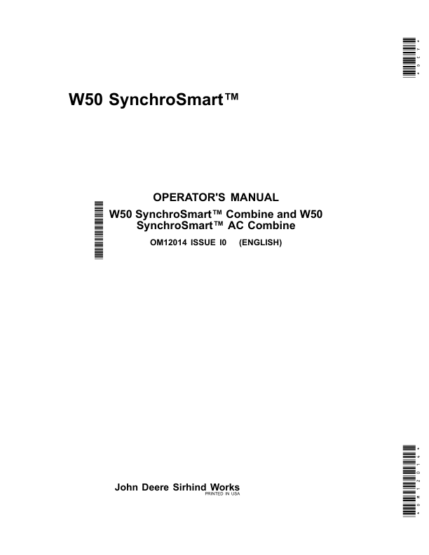 John Deere W50 Combine SynchroSmart, W50 Combine SynchroSmart AC Operator's Manual (OM12014)