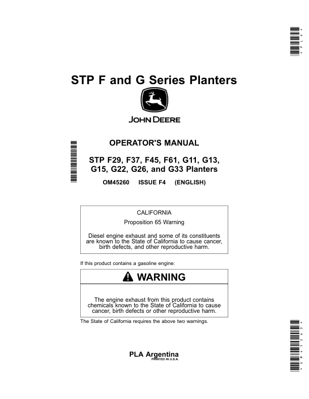 John Deere STP F29, F37, F45, F61, G11, G13, G15, G22, G26, G33 Planters Operator's Manual (OM45260)