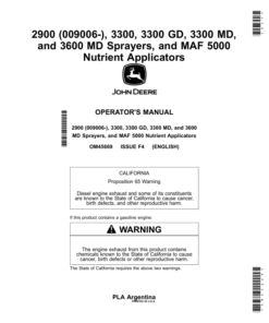 John Deere 2900 (009006-), 3300, 3300 GD, 3300 MD, 3600 MD Sprayers, MAF 5000 Nutrient Applicators Operator's Manual (OM45669)