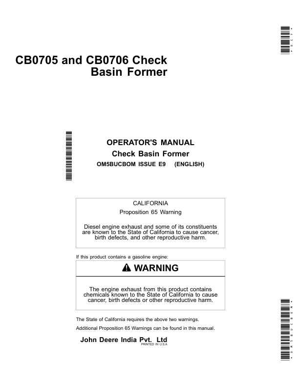 John Deere CB0705, CB0706 Check Basin Former Operator's Manual (OM5BUCBOM)