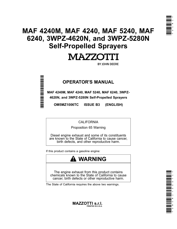 John Deere MAF 4240M, MAF 4240, MAF 5240, MAF 6240, 3WPZ-4620N, 3WPZ-5280N Self-Propelled Sprayers Operator's Manual (OM5MZ1006TC)