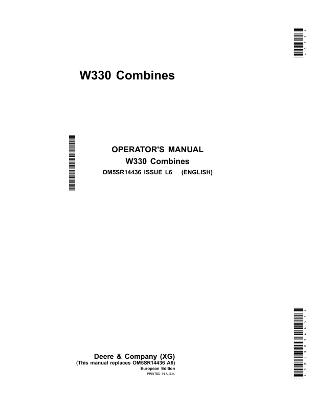 John Deere W330 Combines Operator's Manual (OM5SR14436)