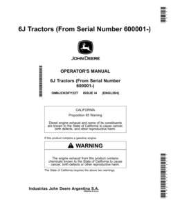 John Deere 6J Tractors (From Serial Number 600001-) Operator's Manual (OM6JCKDFY22T)