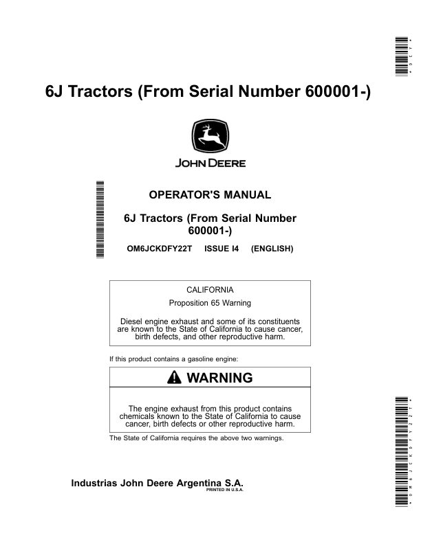 John Deere 6J Tractors (From Serial Number 600001-) Operator's Manual (OM6JCKDFY22T)