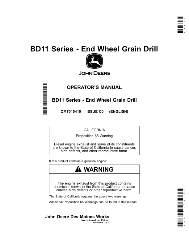 John Deere BD1108, BD1110, BD1113 (BD11 Series) - End Wheel Grain Drill Operator's Manual (OM7015410)