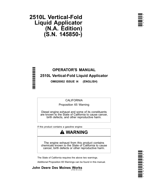 John Deere 2510L Vertical-Fold Liquid Applicator (145850-) Operator's Manual (OM820002)