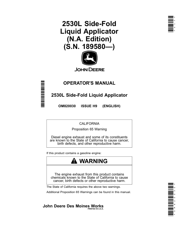 John Deere 2530L Side-FoldLiquid Applicator Operator's Manual (OM820030)