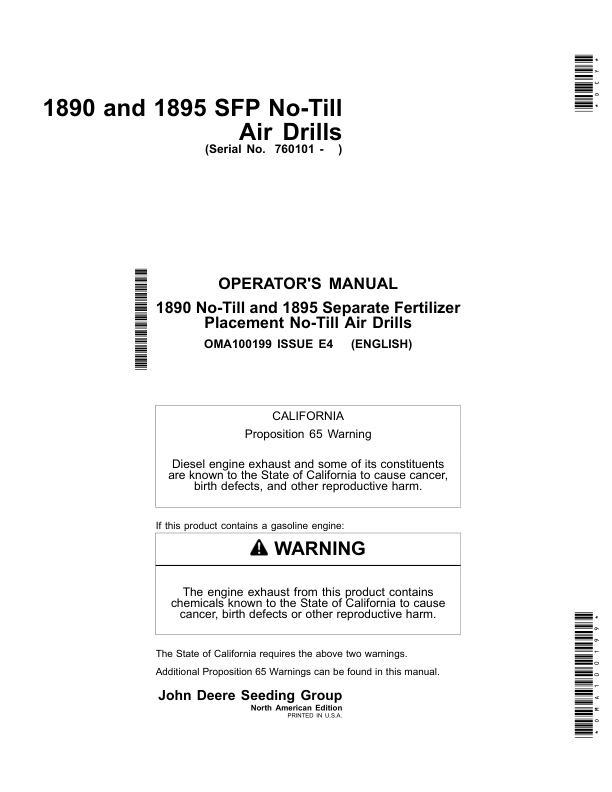 John Deere 1890 & 1895-SFP No-Till Air Drills North America & Australia Edition (760101-765100) Operator's Manual (OMA100199)