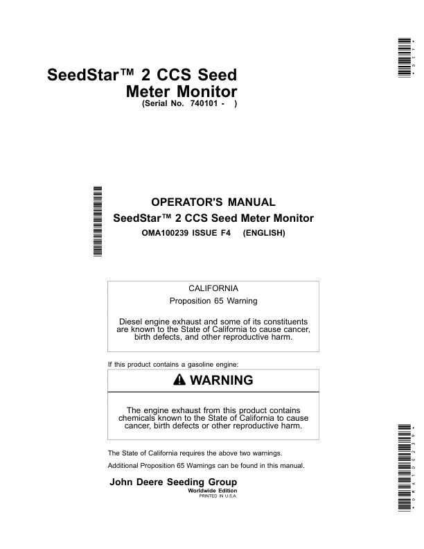 John Deere Seedstar 2 CCS Seed Meter Monitor (740101-) Operator's Manual (OMA100239)