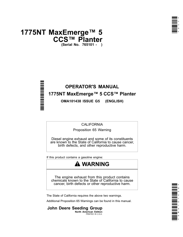 John Deere 1775NT MaxEmerge 5 CCS Planters (765101-770100) (North American) Operator's Manual (OMA101438)