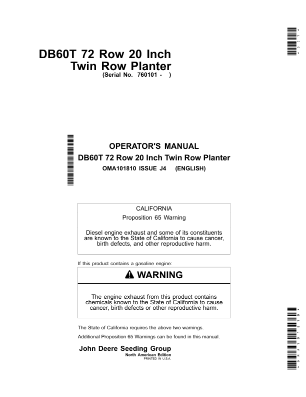 John Deere DB60T Twin-Row Planter (72 Row, 20 inch) North America (760101-765100) Operator's Manual (OMA101810)