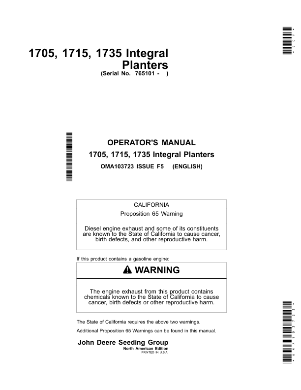 John Deere 1705, 1715 & 1735 Integral Planters Worldwide Edition (765101- ) Operator's Manual (OMA103723)