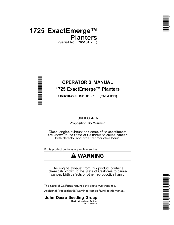 John Deere 1725 ExactEmerge Planters North America (765101- ) Operator's Manual (OMA103899)