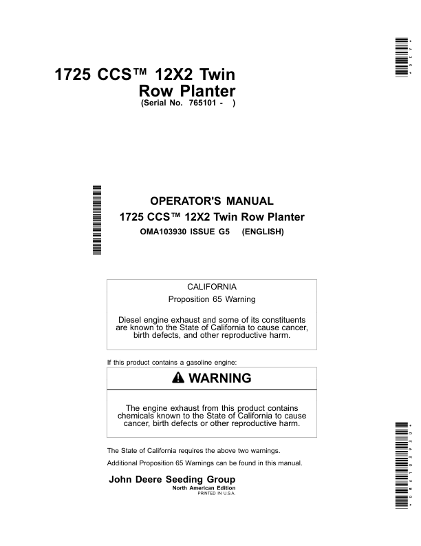 John Deere 1725 CCS 12x2 Twin-Row Planters North America & Australia Edition (765101-) Operator's Manual (OMA103930)