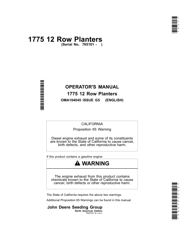 John Deere 1775 12-Row Planters North America & Australia (765101- ) Operator's Manual (OMA104045)