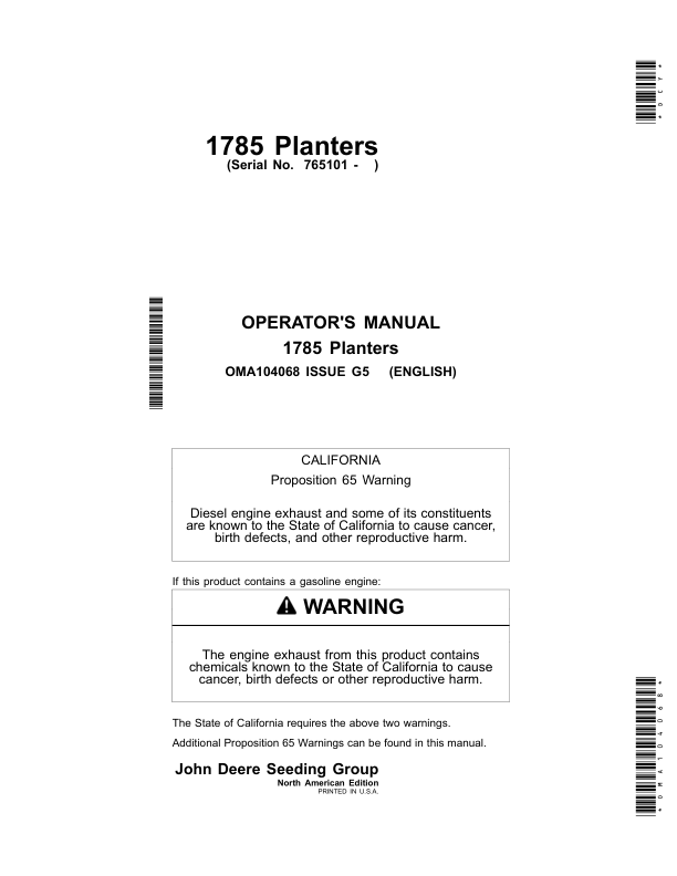 John Deere 1785 Planters North American & Australia (765101- ) Operator's Manual (OMA104068)