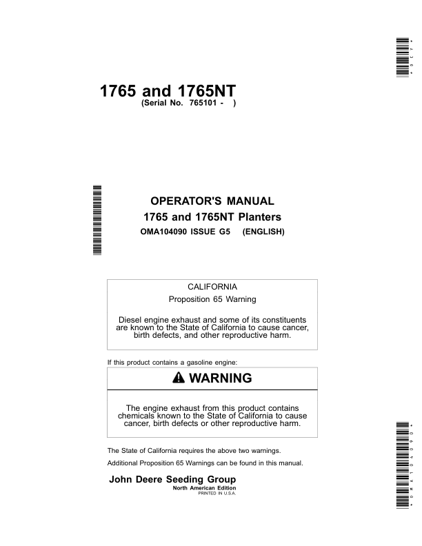 John Deere 1765 & 1765NT Planters North America & Austraila Edition (765101- ) Operator's Manual (OMA104090)