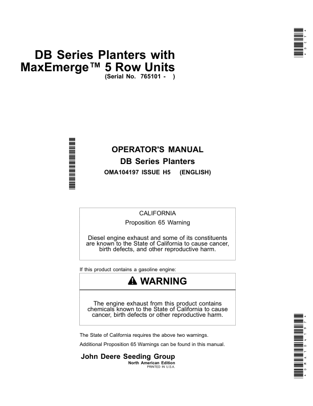 John Deere DB Series Planterswith MaxEmerge 5 Row Units North America (765101- ) Operator's Manual (OMA104197)