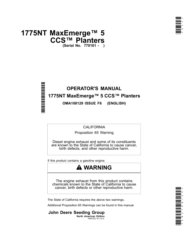 John Deere 1775NT MaxEmerge 5 CCS Planters (770101-775100) (North American) Operator's Manual (OMA108129)