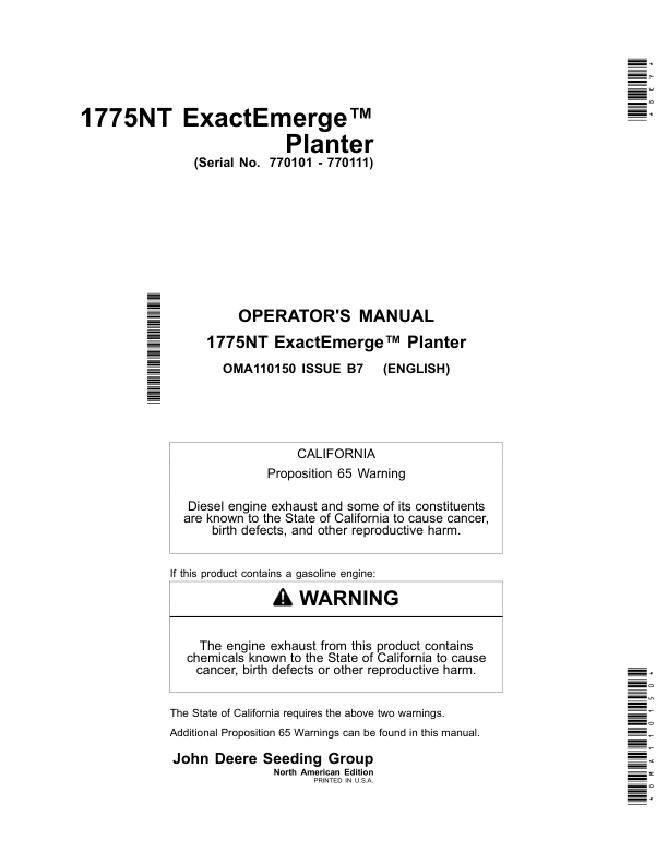 John Deere 1775NT ExactEmerge Planters Operator's Manual (OMA110150)