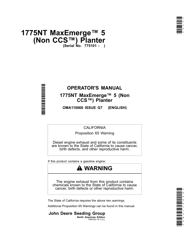 John Deere 1775NT MaxEmerge 5 (Non CCS) Planters (775101-780100) (North American) Operator's Manual (OMA110666)