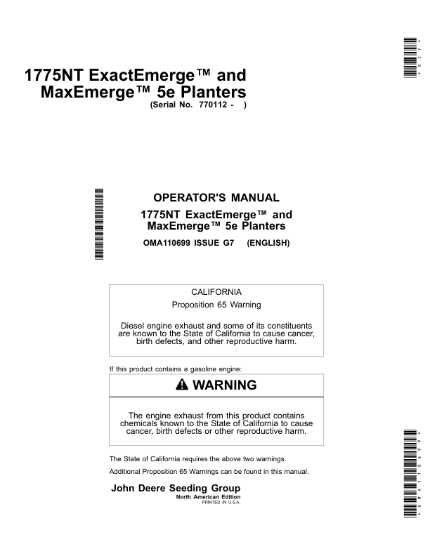 John Deere 1775NT ExactEmerge & MaxEmerge 5e Planters (770101-775100) North America Operator's Manual (OMA110699)