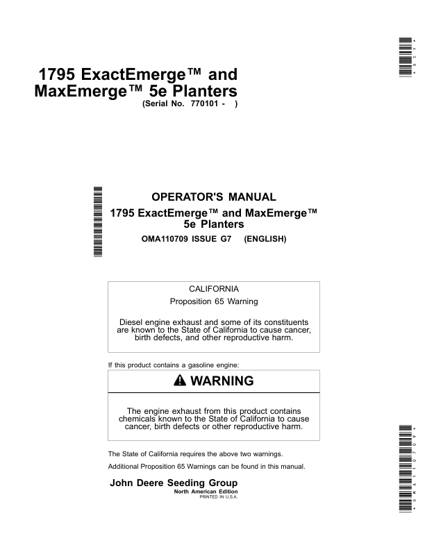John Deere 1795 ExactEmerge & MaxEmerge 5e Planters Operator's Manual (OMA110709)