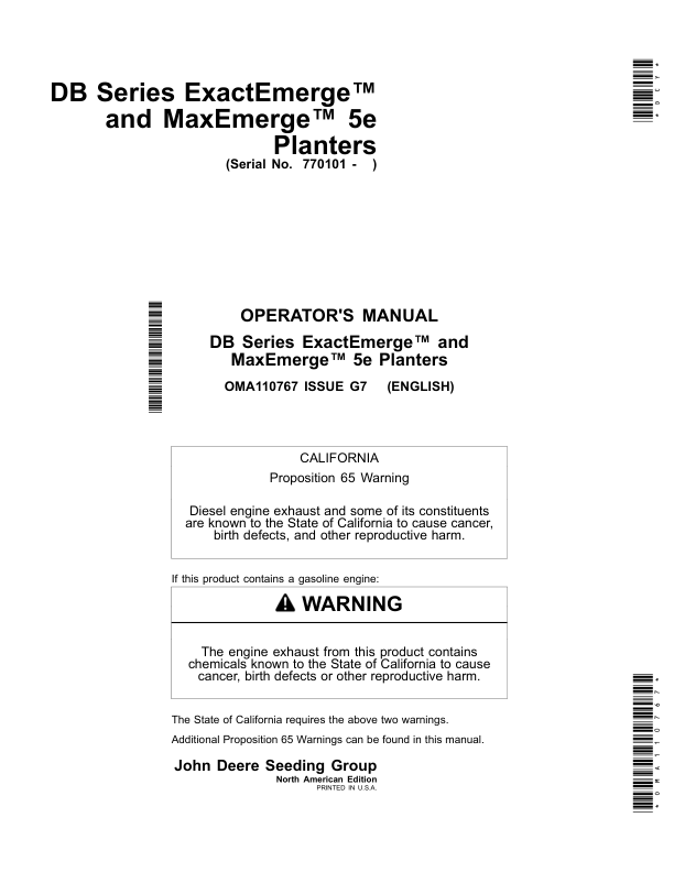 John Deere DB Series ExactEmerge, MaxEmerge 5e Planters Operator's Manual (OMA110767)