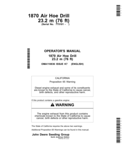 John Deere 1870 Air Hoe Drills 23.2 m (76 ft) Operator's Manual (OMA110836)