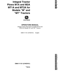 John Deere Integral Tractor Plows M1A, M2A, MT1A, MT2A Operator's Manual (OMA111151)