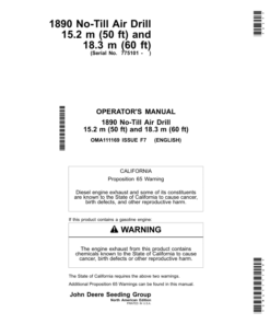 John Deere 1890 No-Till Air Drill 15.2 m (50ft) & 18.3 m (60 ft) Operator's Manual (OMA111169)