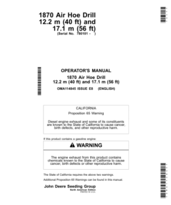 John Deere 1870 Air Hoe Drills 12.2 m (40 ft), 17.1 m (56 ft) Operator's Manual (OMA114845)