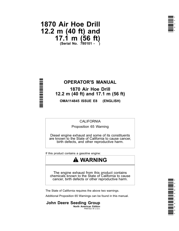 John Deere 1870 Air Hoe Drills 12.2 m (40 ft), 17.1 m (56 ft) Operator's Manual (OMA114845)