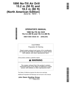 John Deere 1890 No-Till Air Drills 15.2 m (50ft) & 18.3 m (60 ft) Operator's Manual (OMA114950)
