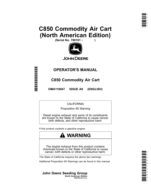 John Deere C850 Commodity Air Carts Operator's Manual (OMA118947)