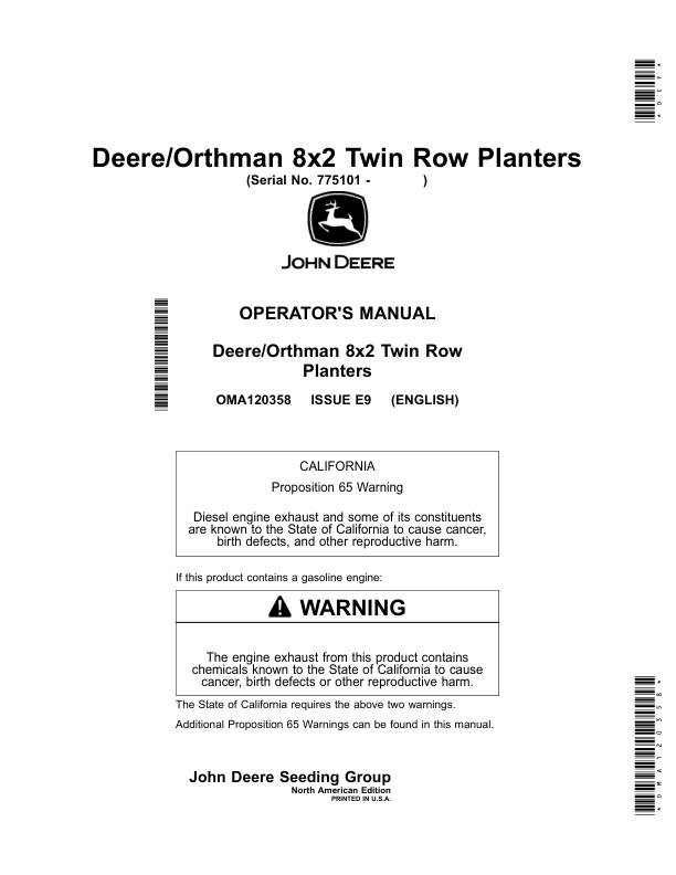 John Deere DR8T Deere/Orthman 8x2 Twin Row Planters Operator's Manual (OMA120358)