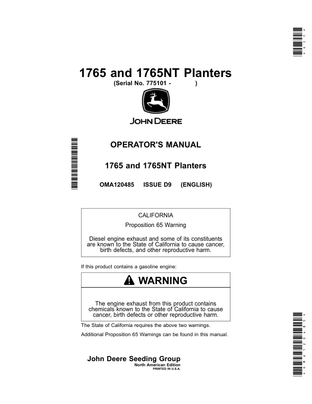 John Deere 1765 & 1765NT Planters Operator's Manual (OMA120485)