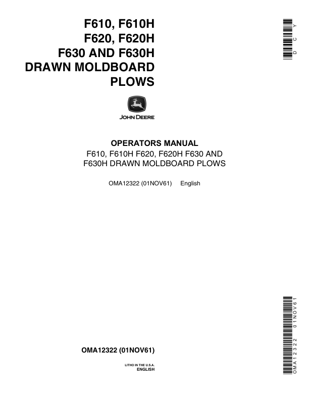 John Deere F610, F610H, F620, F620H, F630, F630H Drawn Moldboard Plows Operator's Manual (OMA12322)