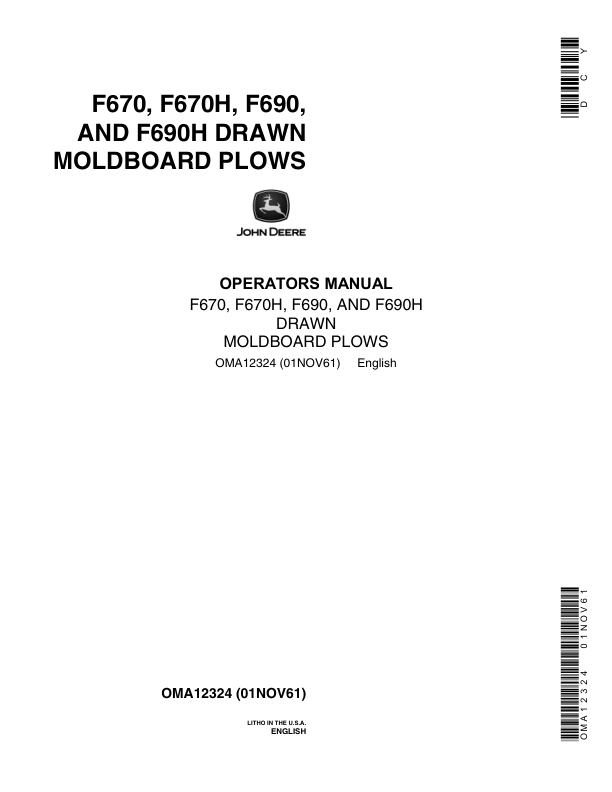 John Deere F670, F670H, F690, F690H Moldboard Plow Operator's Manual (OMA12324)