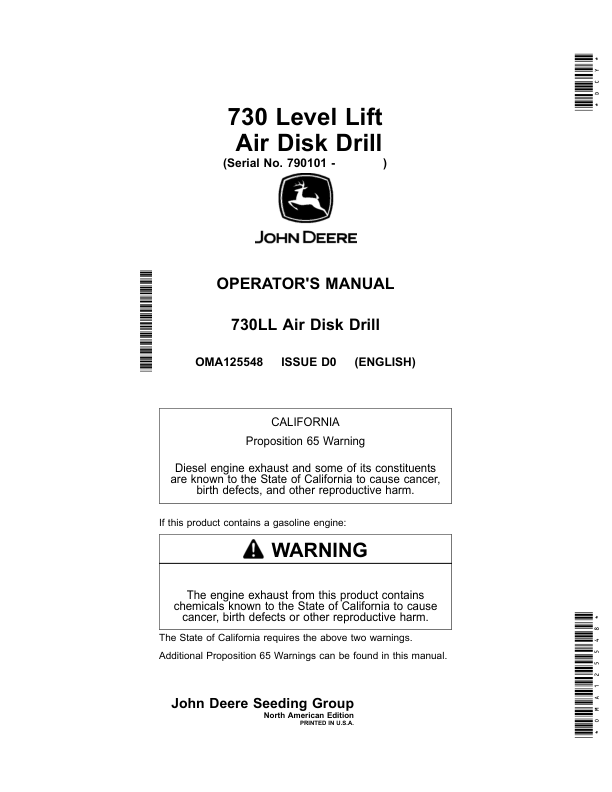 John Deere 730 Level Lift Air Disk Drill Operator's Manual (OMA125548)