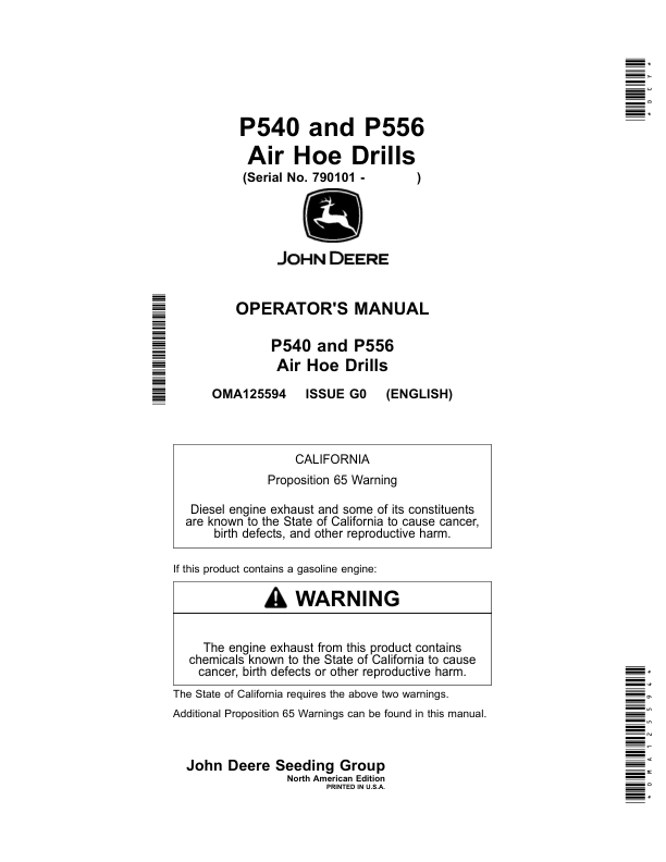 John Deere P540, P556 Air Hoe Drills (790101-) Operator's Manual (OMA125594)