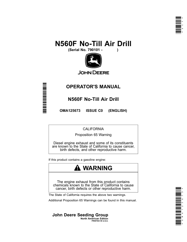 John Deere N560F No-Till Air Drill (790101-795100) (North American) Operator's Manual (OMA125673)