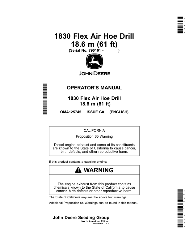 John Deere 1830 Flex Air Hoe Drill 18.6 m (61 ft) (790101-) Operator's Manual (OMA125745)