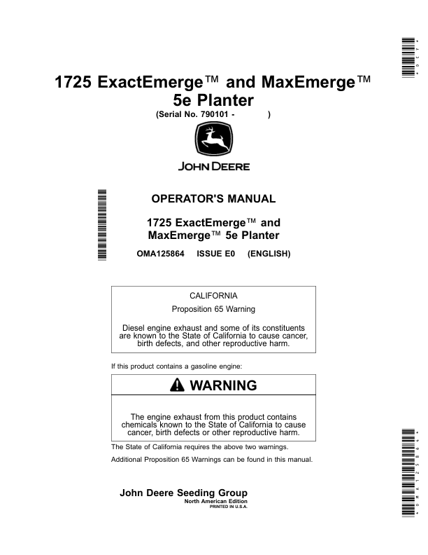 John Deere 1725 ExactEmerge, 1725 MaxEmerge 5e Planter (790101-) Operator's Manual (OMA125864)