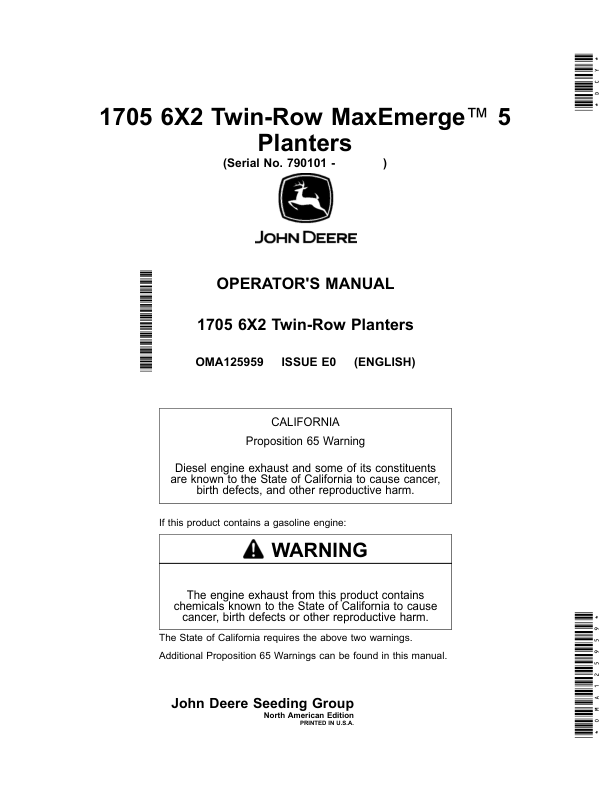 John Deere 1705 6X2 Twin-Row MaxEmerge 5 Planters (790101-) Operator's Manual (OMA125959)