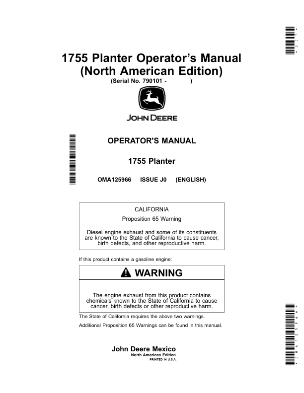 John Deere 1755 Planter (790101-) Operator's Manual (OMA125966)