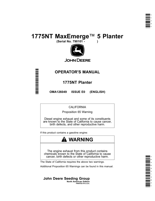 John Deere 1775NT MaxEmerge 5 Planter, Non-CCS (790101-794100) (North American) Operator's Manual (OMA126049)