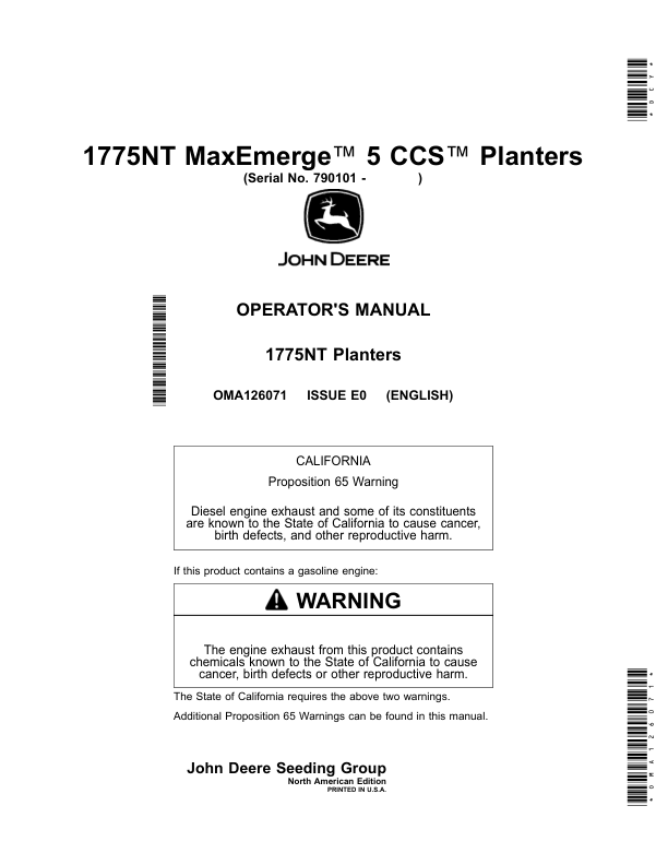John Deere 1775NT MaxEmerge 5 CCS Planters (790101-794100) (North American) Operator's Manual (OMA126071)