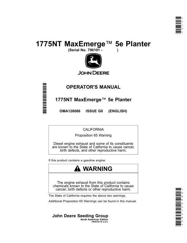 John Deere 1775NT MaxEmerge 5e Planter (Non CCS) (790101-794100) (North American) Operator's Manual (OMA126086)